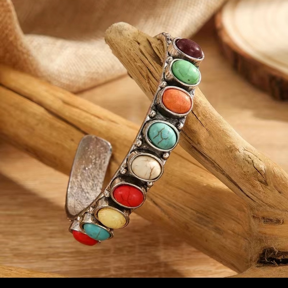 Turquoise, Multi Gemstone Silver tone Cuff Bangle Beaded Glam Western Bracelet